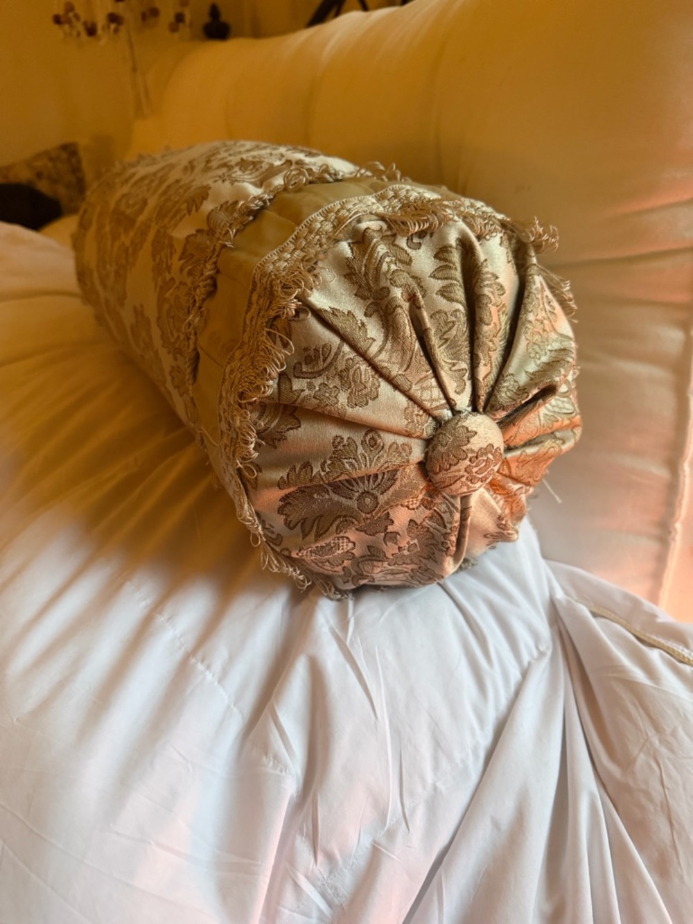 Custom Ornate Gold Damask Bolster Pillow with Fringe Trim